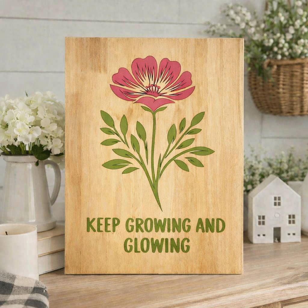 Keep Growing and Glowing - Natural Wood Sign